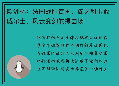 欧洲杯：法国战胜德国，匈牙利击败威尔士，风云变幻的绿茵场
