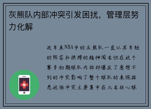 灰熊队内部冲突引发困扰，管理层努力化解
