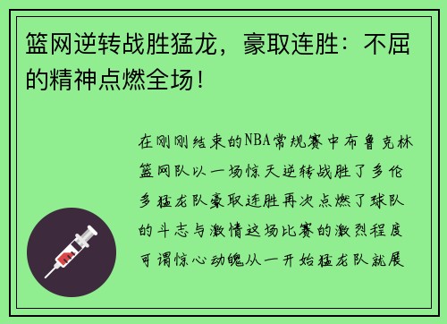 篮网逆转战胜猛龙，豪取连胜：不屈的精神点燃全场！