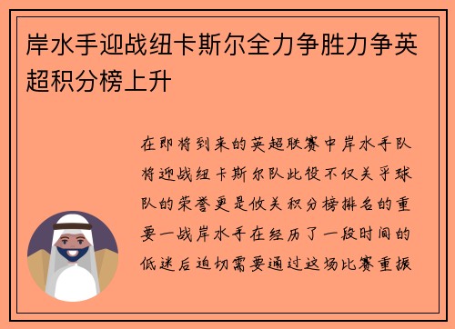 岸水手迎战纽卡斯尔全力争胜力争英超积分榜上升