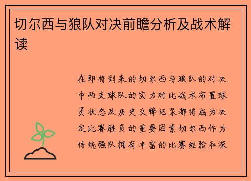 切尔西与狼队对决前瞻分析及战术解读
