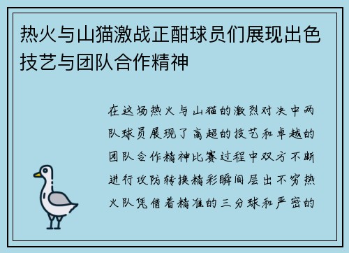 热火与山猫激战正酣球员们展现出色技艺与团队合作精神
