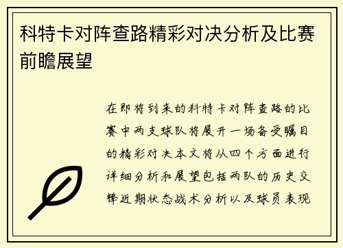 科特卡对阵查路精彩对决分析及比赛前瞻展望