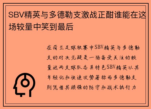 SBV精英与多德勒支激战正酣谁能在这场较量中笑到最后