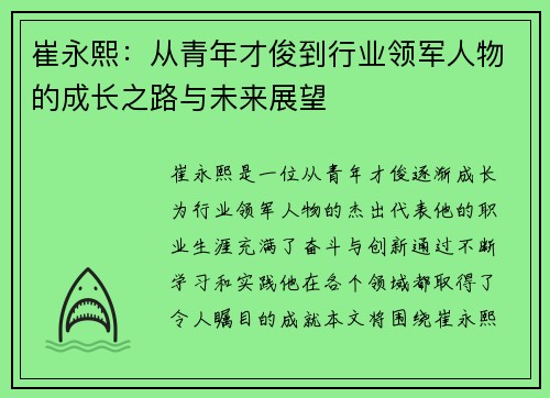 崔永熙：从青年才俊到行业领军人物的成长之路与未来展望