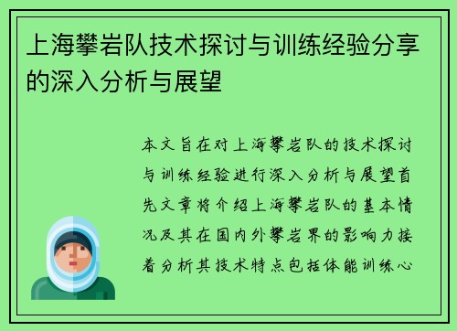 上海攀岩队技术探讨与训练经验分享的深入分析与展望