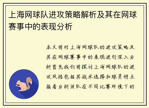 上海网球队进攻策略解析及其在网球赛事中的表现分析