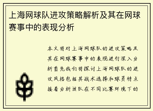 上海网球队进攻策略解析及其在网球赛事中的表现分析